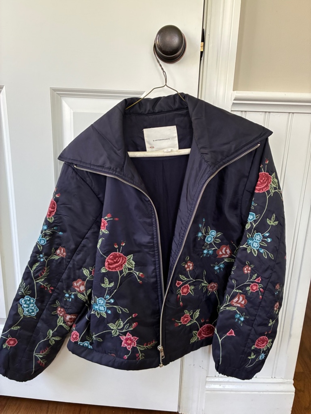 Anthropologie Navy Embroidered Floral Bomber Jacket - Picture 2 of 4